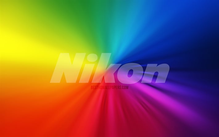 Nikon logosu, 4k, girdap, g&#246;kkuşağı arka planları, yaratıcı, sanat eseri, markalar, Nikon
