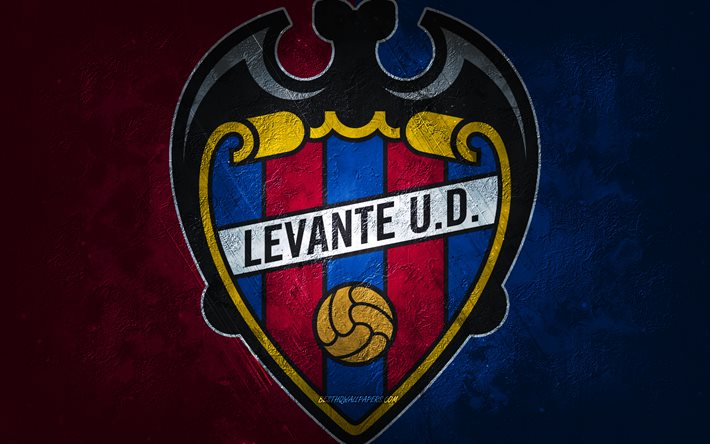 Levante UD, club de football espagnol, fond de pierre bleu bourgogne, logo Levante UD, art grunge, La Liga, football, Espagne, embl&#232;me Levante UD