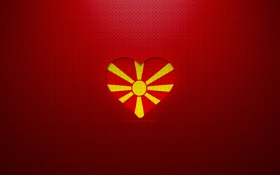 北マケドニアが大好き, 4k, ヨーロッパ, 赤い点線の背景, マケドニアの旗のハート, 北マケドニア, 好きな国, マケドニアの旗
