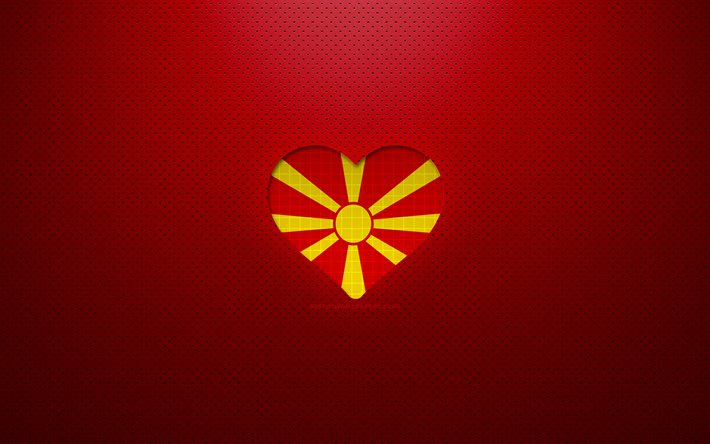 北マケドニアが大好き, 4k, ヨーロッパ, 赤い点線の背景, マケドニアの旗のハート, 北マケドニア, 好きな国, マケドニアの旗