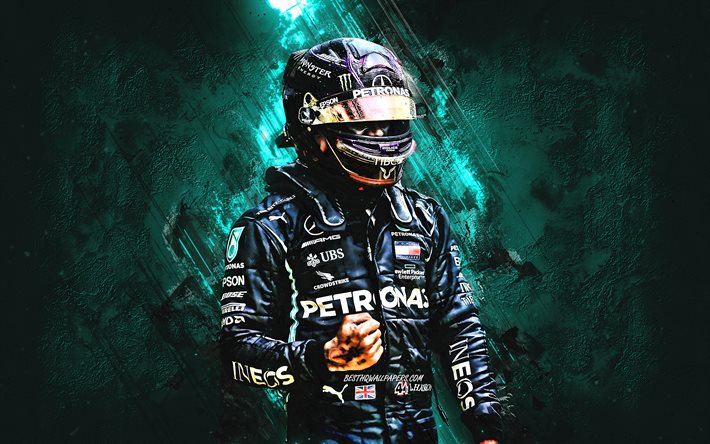 Lewis Hamilton, Mercedes AMG Petronas F1 Team, 7 fois champion du monde de F1, Formule 1, fond de pierre turquoise