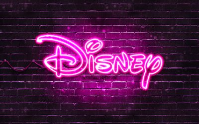 Disney purple logo, 4k, purple brickwall, Disney logo, artwork, Disney neon logo, Disney