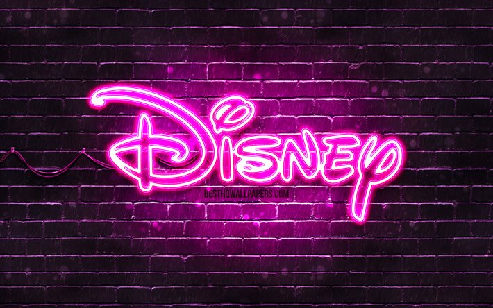 Logo violet Disney, 4k, brickwall violet, logo Disney, illustrations, logo n&#233;on Disney, Disney