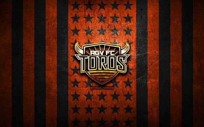 Rio Grande Valley Toros bayrağı, USL, turuncu siyah metal arka plan, amerikan futbol kul&#252;b&#252;, Rio Grande Valley Toros logosu, ABD, futbol, Rio Grande Valley Toros FC, altın logo