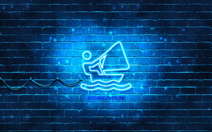 Sailing neon icon, 4k, blue background, neon symbols, Sailing, neon icons, Sailing sign, sports signs, Sailing icon, sports icons