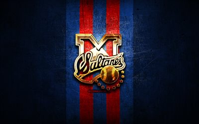Sultanes de Monterrey, golden logo, LMB, blue metal background, mexican baseball team, Mexican Baseball League, Sultanes de Monterrey logo, baseball, Mexico