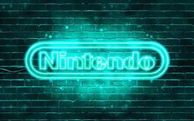 Logo turquoise Nintendo, 4k, brickwall turquoise, logo Nintendo, marques, logo n&#233;on Nintendo, Nintendo