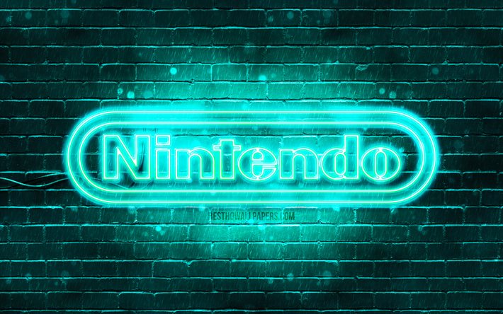 Logo turchese Nintendo, 4k, brickwall turchese, logo Nintendo, marchi, logo neon Nintendo, Nintendo