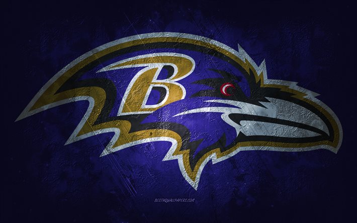 Ravens de Baltimore, &#233;quipe de football am&#233;ricain, fond de pierre pourpre, logo des Ravens de Baltimore, art grunge, NFL, football am&#233;ricain, USA, embl&#232;me des Ravens de Baltimore