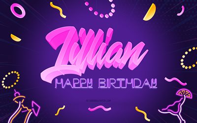 お誕生日おめでとうリリアン, 4k, 紫のパーティーの背景, リリアン, クリエイティブアート, リリアンの誕生日おめでとう, リリアンの名前, リリアンの誕生日, 誕生日パーティーの背景