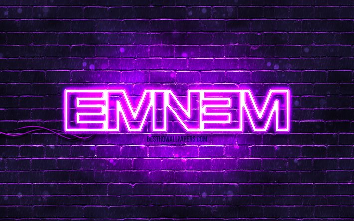 Eminem logo viola, 4k, superstar, rapper americano, brickwall viola, logo Eminem, Marshall Bruce Mathers III, Eminem, star della musica, logo neon Eminem