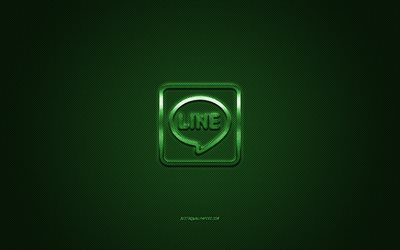 Ligne, m&#233;dias sociaux, logo vert de ligne, fond de fibre de carbone vert, logo de ligne, embl&#232;me de ligne