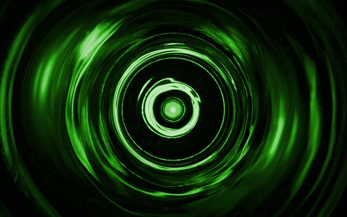 緑のスパイラル背景, 4K, 緑の渦, スパイラルテクスチャ, 3Dアート, 緑の波の背景, 波状のテクスチャ, 緑の背景