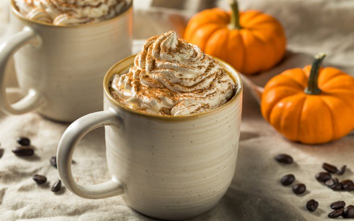 coffee with cream, small pumpkins, cappuccino, cup of coffee, coffee beans