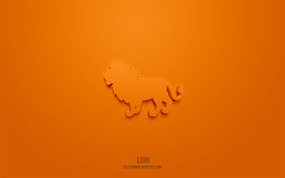 Icône 3d de Lion, fond orange, symboles 3d, Lion, art 3d créatif, icônes 3d, signe de Lion, icônes 3d animaux