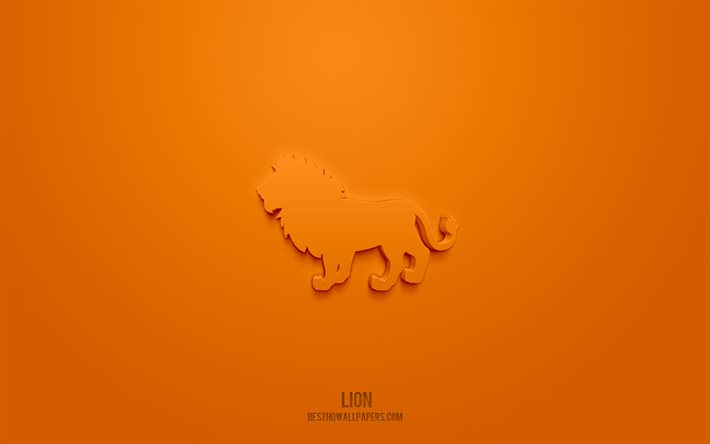 Lion 3d icon, orange background, 3d symbols, Lion, creative 3d art, 3d icons, Lion sign, Animals 3d icons