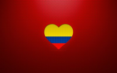 コロンビアが大好き, 4k, 南アメリカ諸国, 赤い点線の背景, コロンビアの旗のハート, コロンビア, 好きな国, コロンビアの旗
