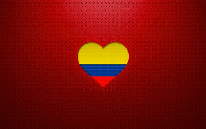 Amo la Colombia, 4k, paesi sudamericani, sfondo rosso punteggiato, cuore della bandiera colombiana, Colombia, paesi preferiti, amore Colombia, bandiera colombiana