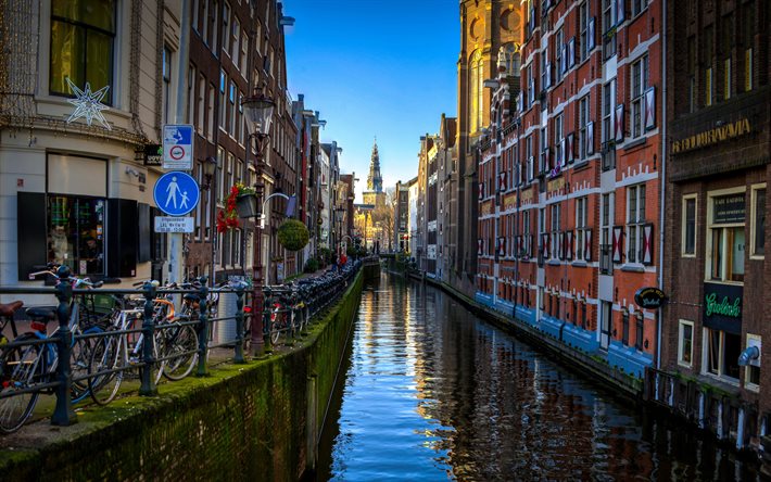 Amsterdam, 4k, gata, vattenkanal, Nederl&#228;nderna, Europa, holl&#228;ndska st&#228;der, HRD