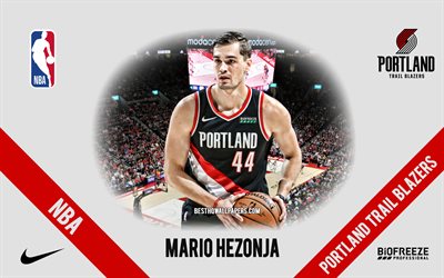 Mario Hezonja, Portland Trail Blazers, joueur de basket-ball croate, NBA, portrait, USA, basket-ball, Moda Center, logo Portland Trail Blazers