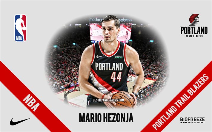 Mario Hezonja, Portland Trail Blazers, jogador de basquete croata, NBA, retrato, EUA, basquete, Moda Center, logotipo do Portland Trail Blazers