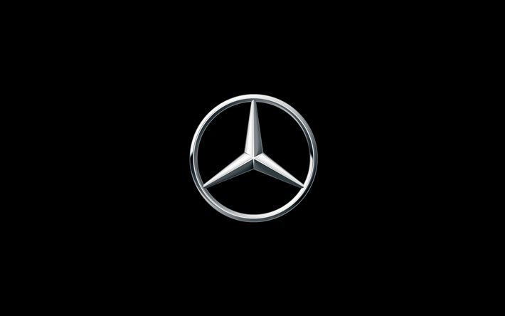 Mercedes-Benz logo, black background, Mercedes emblem, Mercedes logo on a black background, car brands