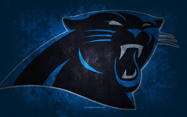 Carolina Panthers, squadra di football americano, sfondo di pietra blu, logo Carolina Panthers, arte grunge, NFL, Football americano, STATI UNITI, Emblema Carolina Panthers