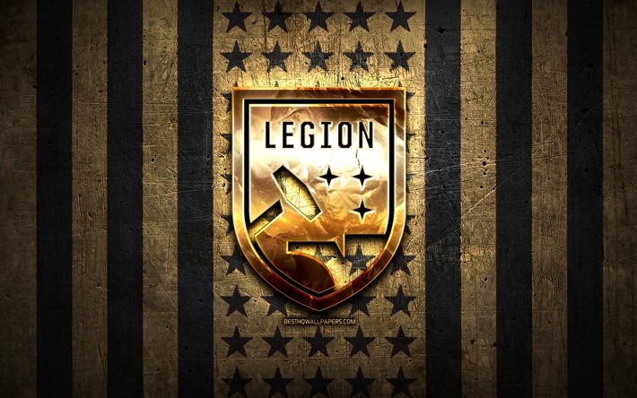 Bandiera della Legione di Birmingham, USL, sfondo marrone black metal, squadra di calcio americana, logo della Birmingham Legion, USA, calcio, Birmingham Legion FC, logo dorato