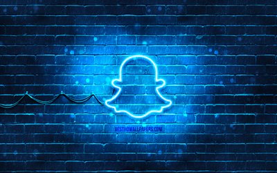 Logo blu Snapchat, 4k, brickwall blu, logo Snapchat, marchi, logo al neon Snapchat, Snapchat