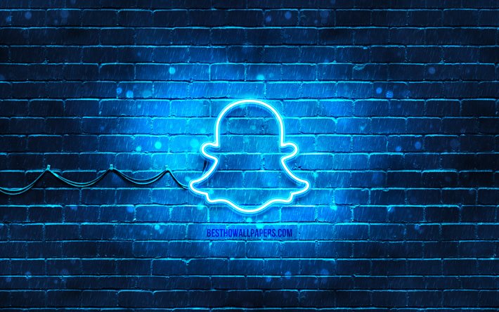Logotipo azul snapchat, 4k, parede de tijolo azul, logotipo do Snapchat, marcas, logotipo neon do Snapchat, Snapchat