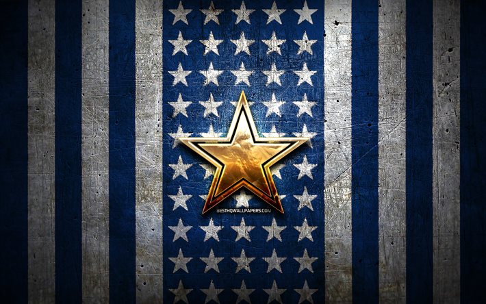 Dallas Cowboys drapeau, NFL, fond bleu m&#233;tal blanc, &#233;quipe de football am&#233;ricain, Dallas Cowboys logo, Etats-Unis, football am&#233;ricain, logo dor&#233;, Cowboys de Dallas