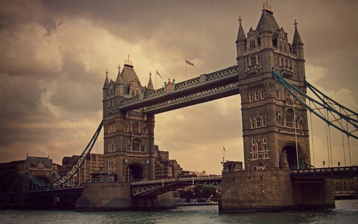 Londres, Tower Bridge, noite, p&#244;r do sol, rio T&#226;misa, marco de Londres, Inglaterra, Reino Unido