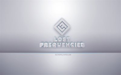 Frecuencias perdidas logotipo blanco 3d, fondo gris, logotipo de frecuencias perdidas, arte 3d creativo, frecuencias perdidas, emblema 3d