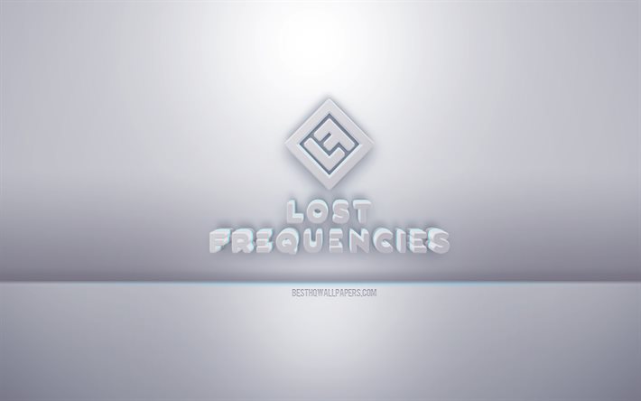 Logo bianco 3d Lost Frequencies, sfondo grigio, logo Lost Frequencies, arte 3D creativa, Frequenze perse, emblema 3d