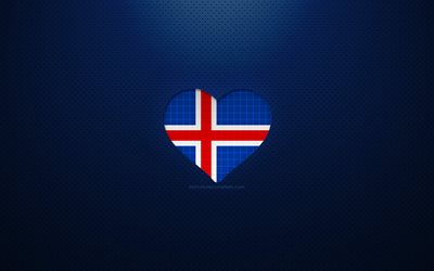 Me encanta Islandia, 4k, Europa, fondo azul salpicado, coraz&#243;n de la bandera islandesa, Islandia, pa&#237;ses favoritos, Amor Islandia, Bandera islandesa