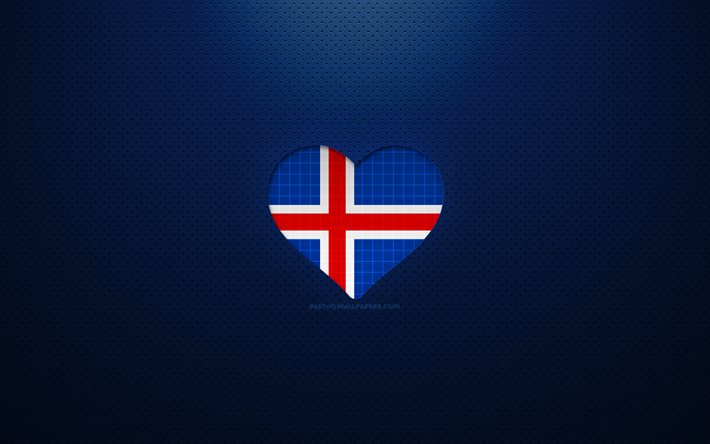 Amo l&#39;Islanda, 4k, Europa, sfondo punteggiato blu, cuore di bandiera islandese, Islanda, paesi preferiti, Amore Islanda, bandiera islandese