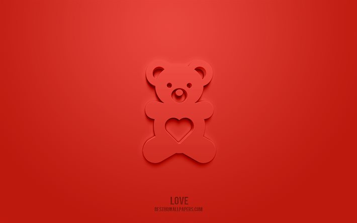 Icona 3d dell&#39;orsacchiotto, sfondo rosso, simboli 3d, orsacchiotto, arte 3d creativa, icone 3d, segno orsacchiotto, icone 3d Love