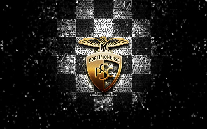 Portimonense FC, glitter logo, Primeira Liga, siyah beyaz damalı arka plan, futbol, portekiz futbol kul&#252;b&#252;, Portimonense logosu, mozaik sanat, Portimonense SC