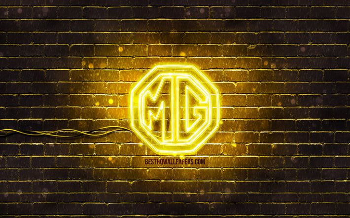 MG yellow logo, 4k, yellow brickwall, MG logo, cars brands, MG neon logo, MG