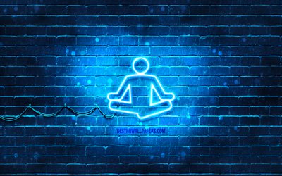 Yoga neon icon, 4k, blue background, neon symbols, Yoga, neon icons, Yoga sign, sports signs, Yoga icon, sports icons