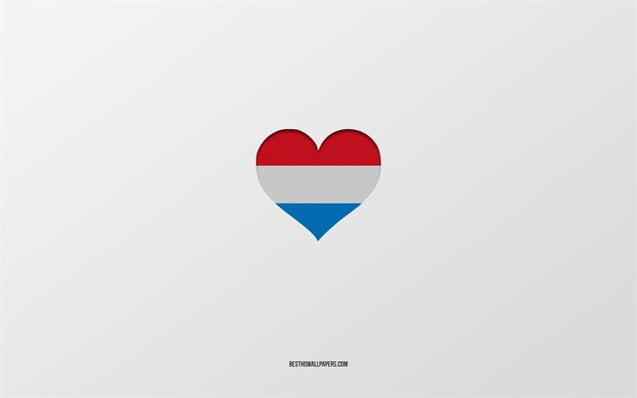 Amo il Lussemburgo, i paesi europei, il Lussemburgo, lo sfondo grigio, il cuore della bandiera lussemburghese, il paese preferito, Love Luxembourg