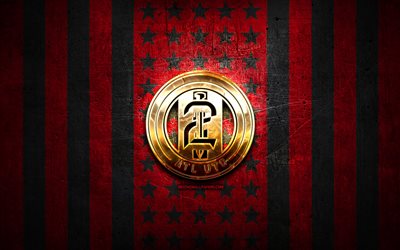 Atlanta United 2 flag, USL, red black metal background, american soccer club, Atlanta United 2 Legion logo, USA, soccer, Atlanta United 2 FC, golden logo