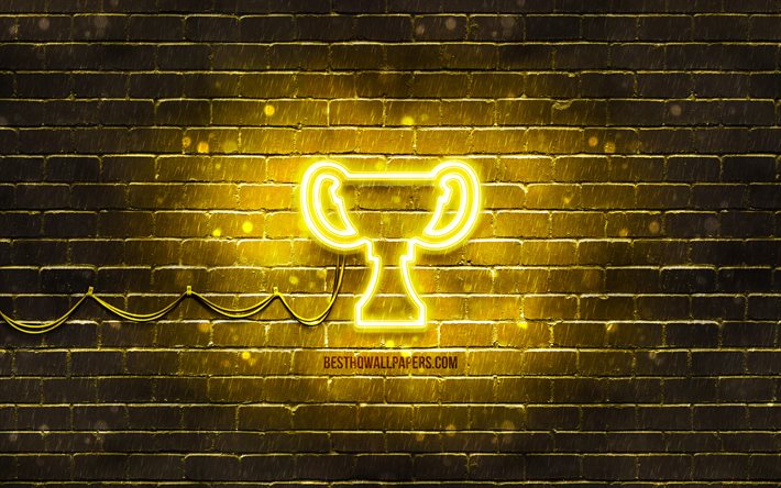Award Cup neon ikon, 4k, gul bakgrund, neonsymboler, Award Cup, neon ikoner, Award Cup tecken, sport skyltar, Award Cup ikon, sport ikoner