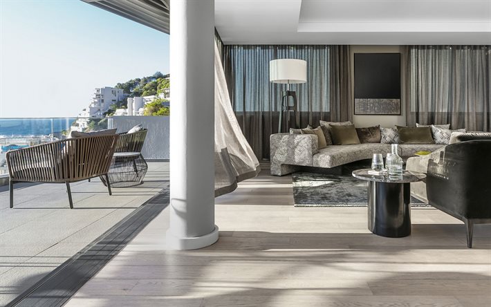 deniz tarafından şık daire, modern i&#231; tasarım, oturma odası, teras mobilya, beyaz ahşap arka plan