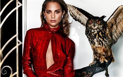 Alicia Vikander, Actress, Red Dress, owl, make-up, woman with owl