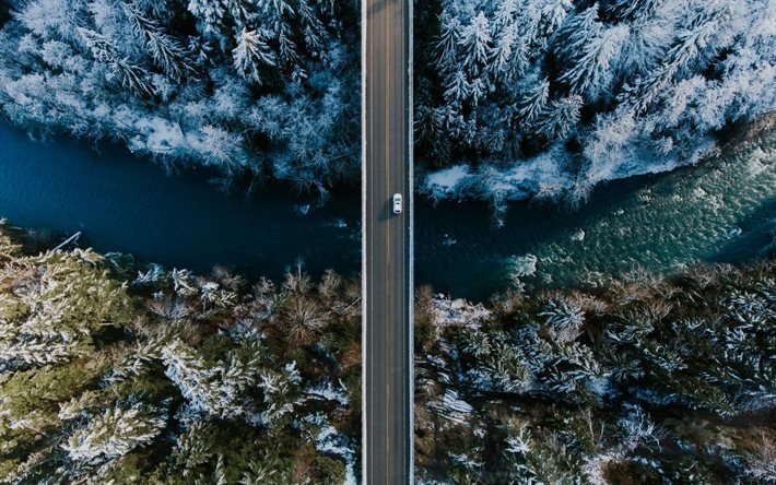 river, forest, bridge, view from above, cars, winter, snow
