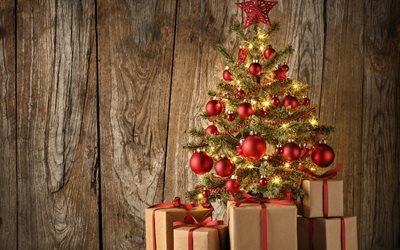 Christmas tree, 2017, red Christmas balls, Christmas, New Year