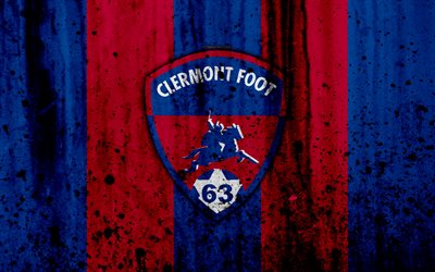 FC Clermont, 4k, logo, Ligue 2, stone texture, France, Clermont Foot, grunge, soccer, football club, Liga 2, Clermont FC