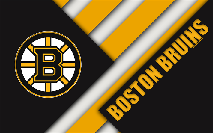 I Boston Bruins, 4k, material design, nero, giallo astrazione, logo, NHL, linee, American hockey club, Boston, Massachusetts, USA, National Hockey League