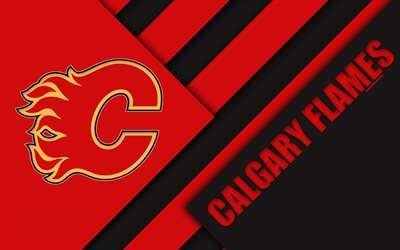 Calgary Flames, 4k, design de material, logo, NHL, vermelho preto abstra&#231;&#227;o, linhas, Americana de h&#243;quei clube, Calgary, Alberta, Canada, EUA, Liga Nacional De H&#243;quei